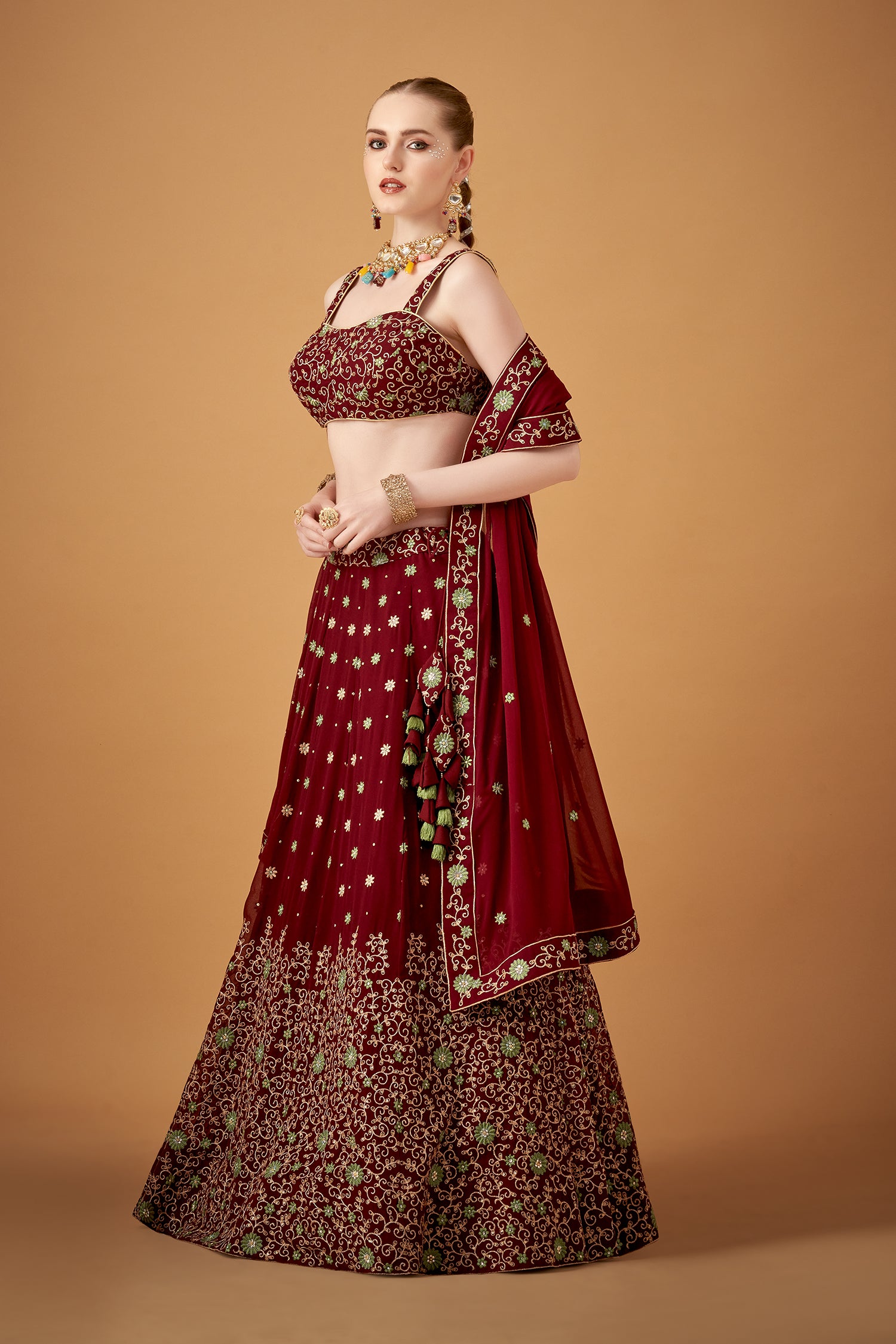 Wine Georgette Embroidered Lehenga Set With Beadworks Embellishments
