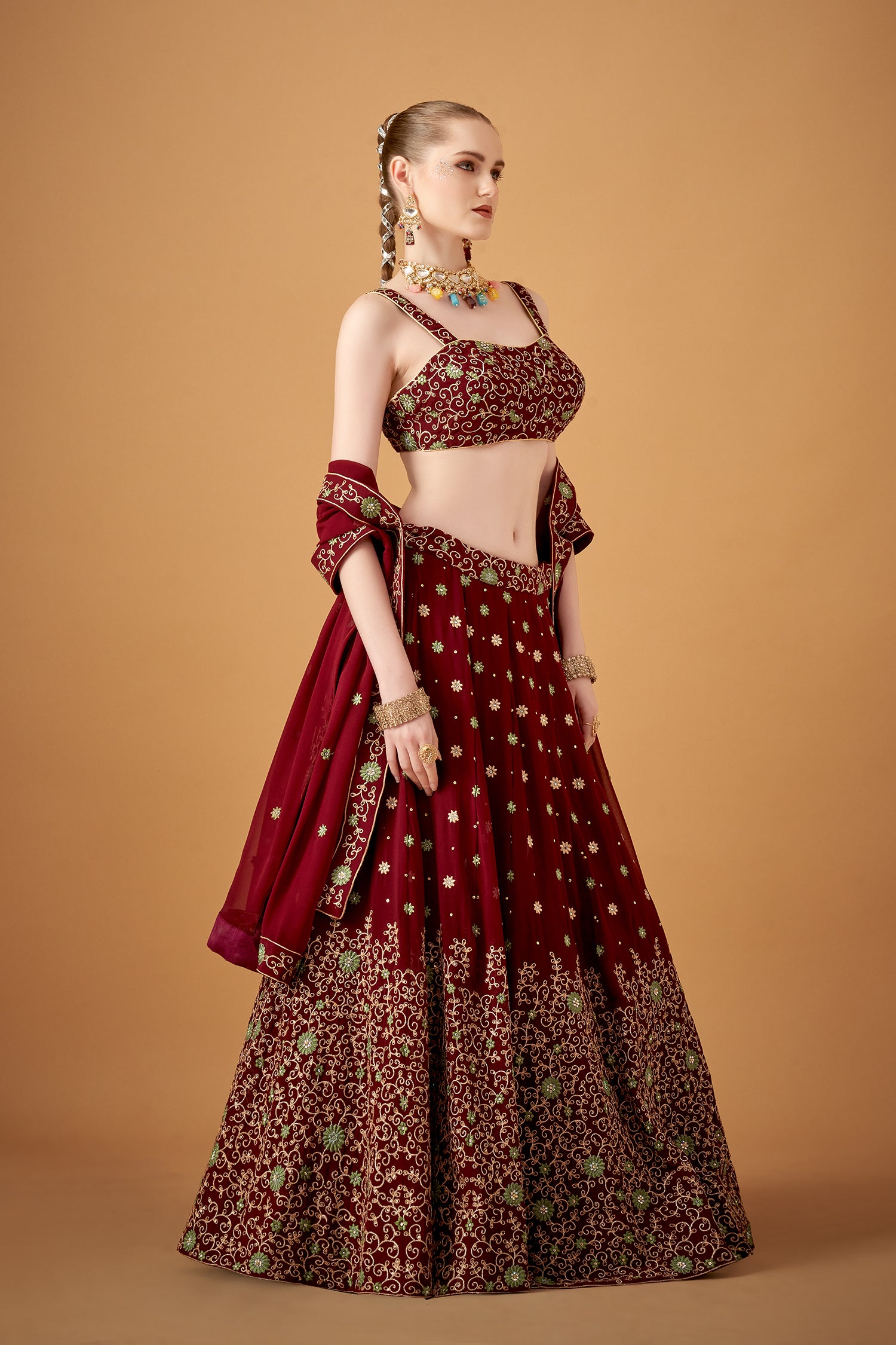 Wine Georgette Embroidered Lehenga Set With Beadworks Embellishments