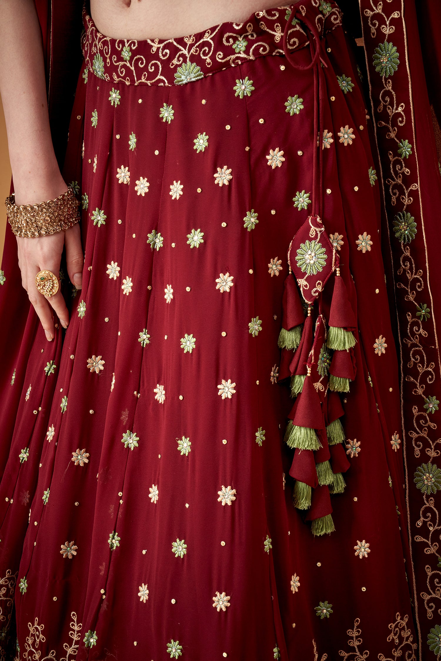 Wine Georgette Embroidered Lehenga Set With Beadworks Embellishments