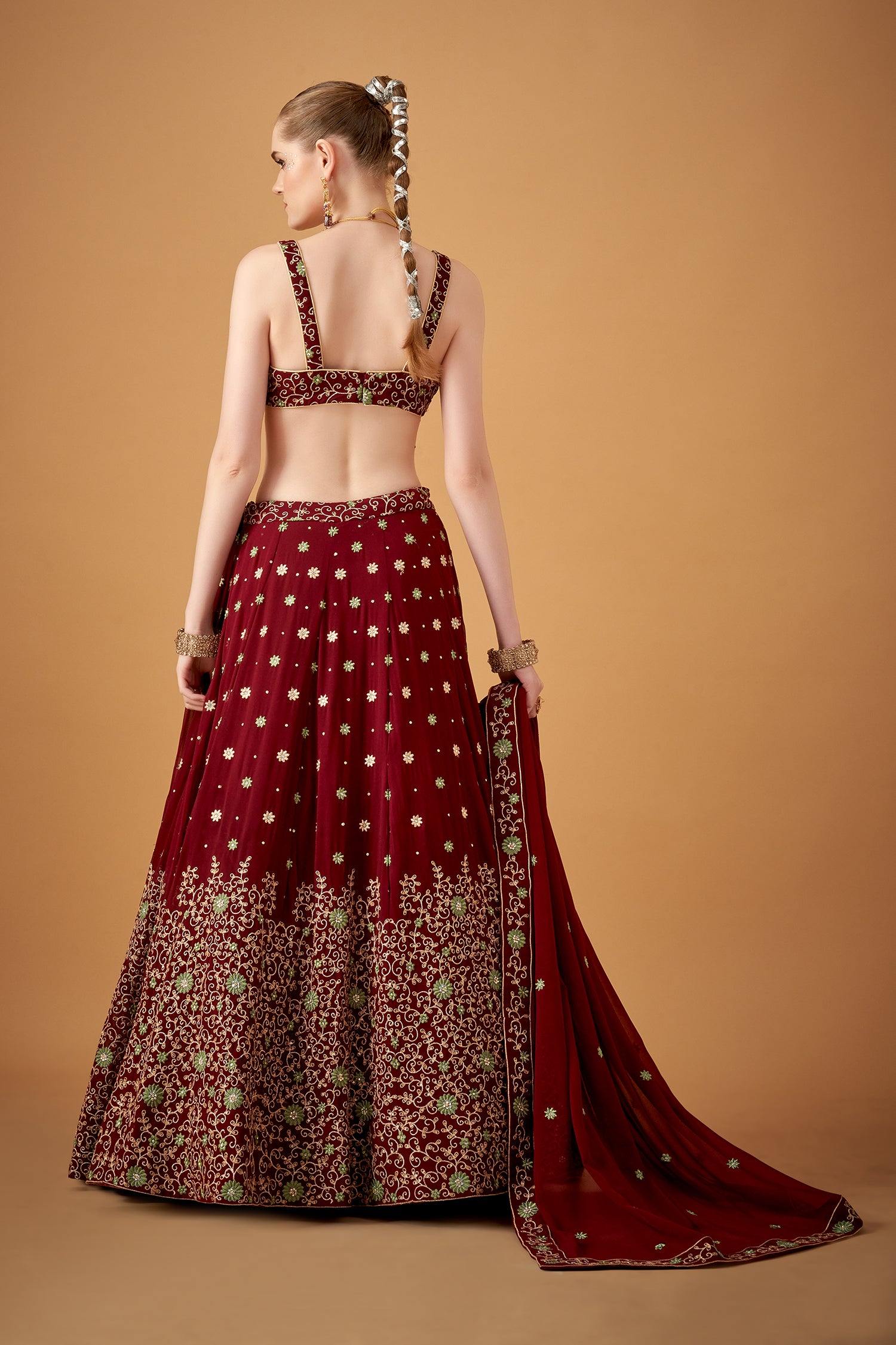 Wine Georgette Embroidered Lehenga Set With Beadworks Embellishments
