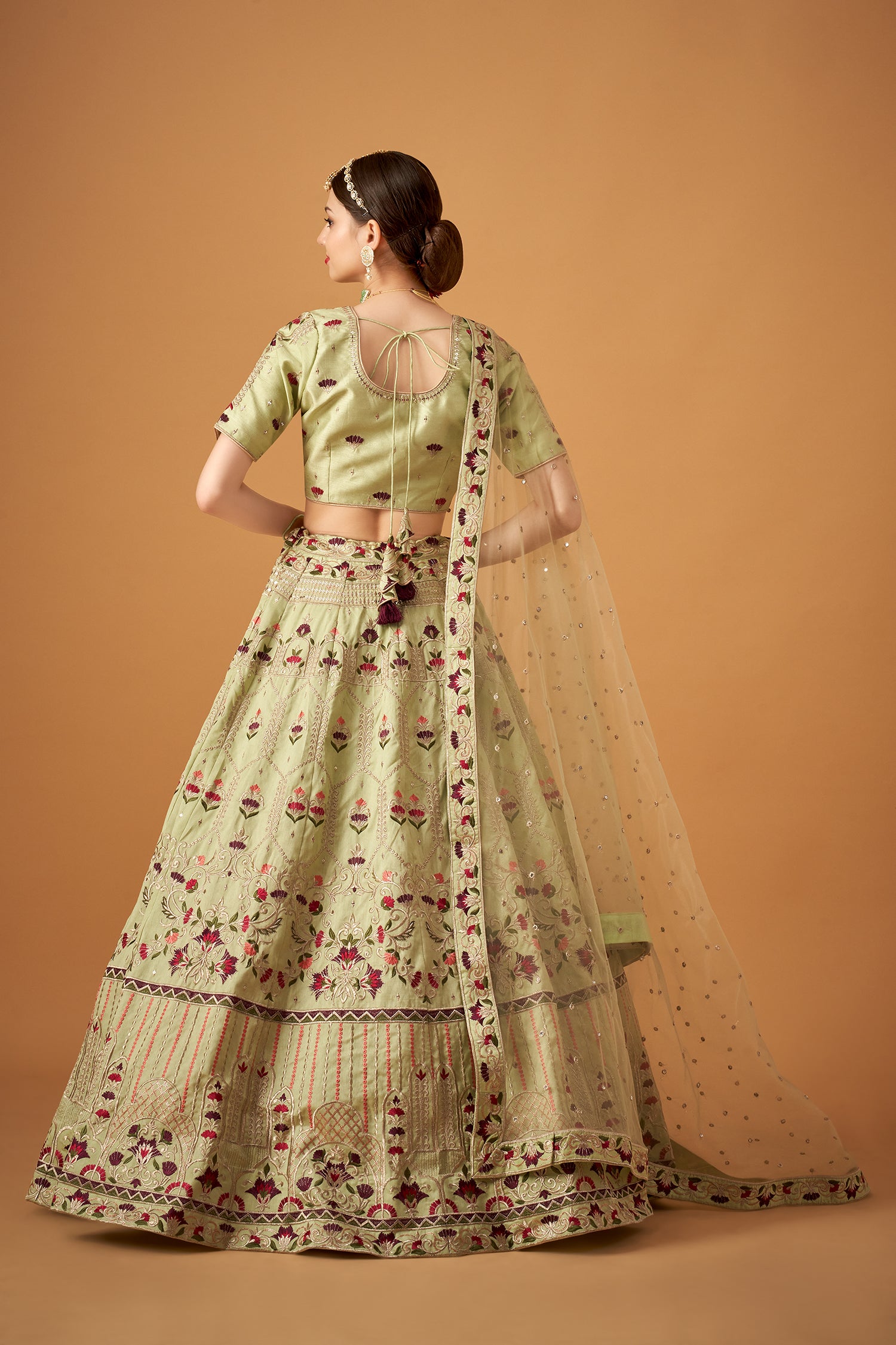 Pista Green Floral Embroidered Lehenga Set