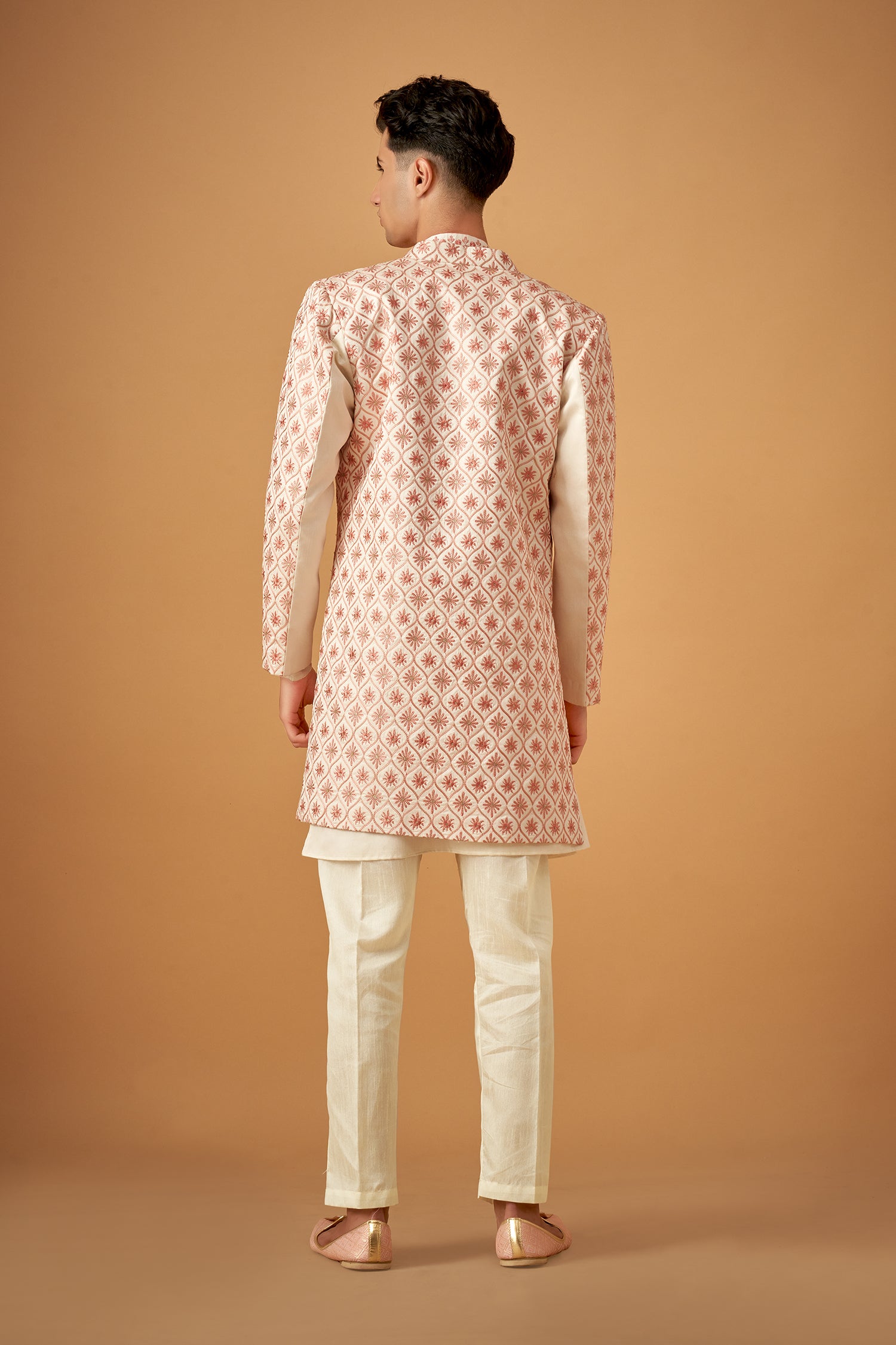 Pink Floral Emboidered Sherwani Jacket And Kurta Set