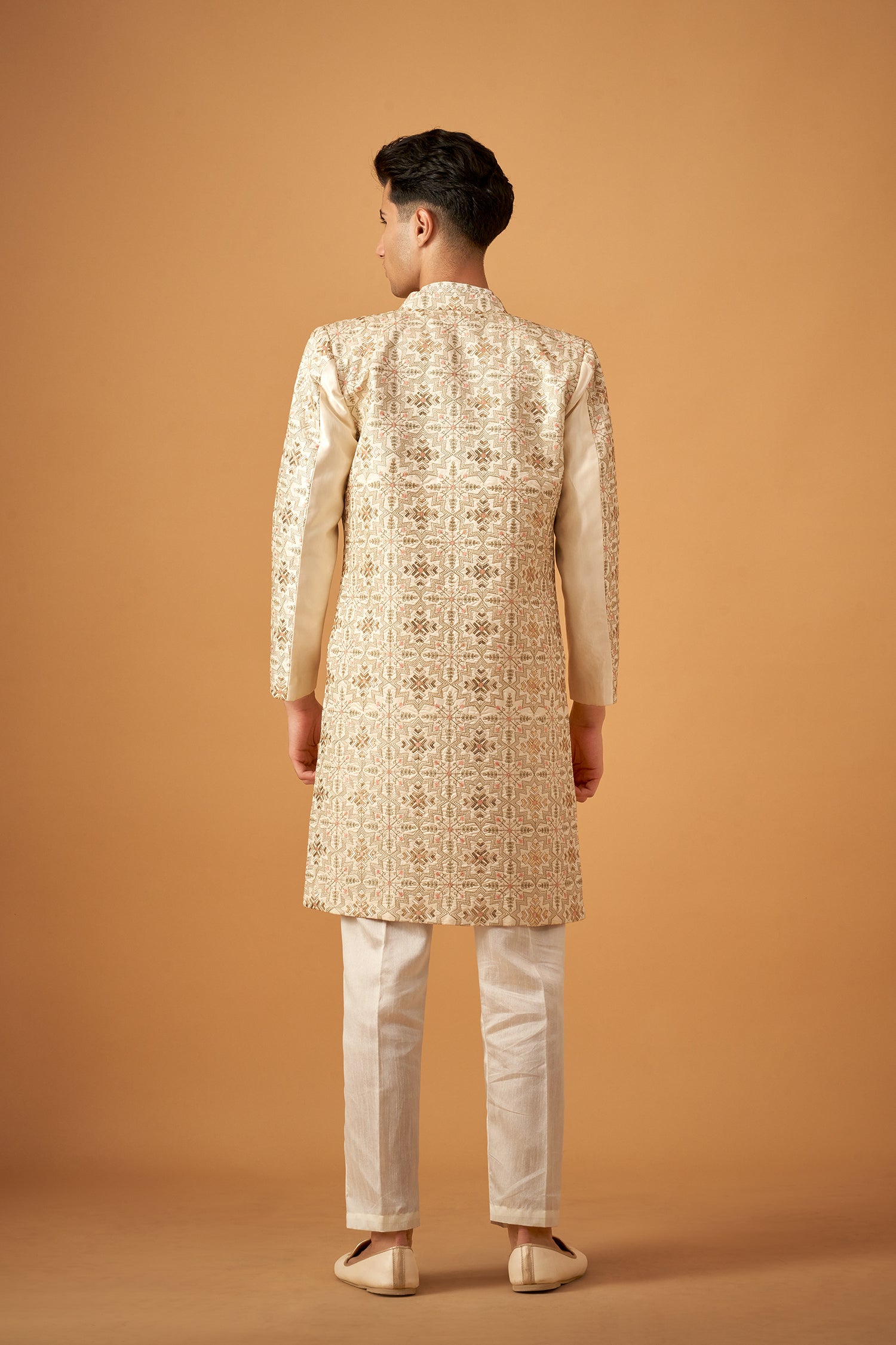 Cream Color Embroidered Sherwani Jacket And Kurta Set