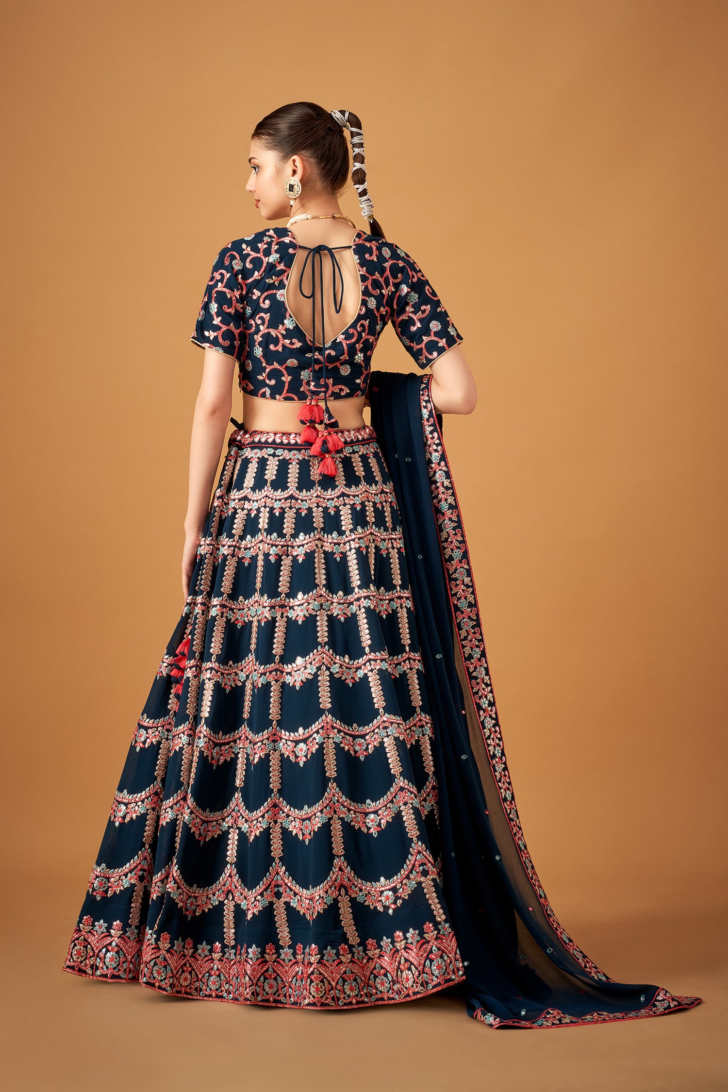 Blue Georgette Embroidered Lehenga Set With Silver Foil Work