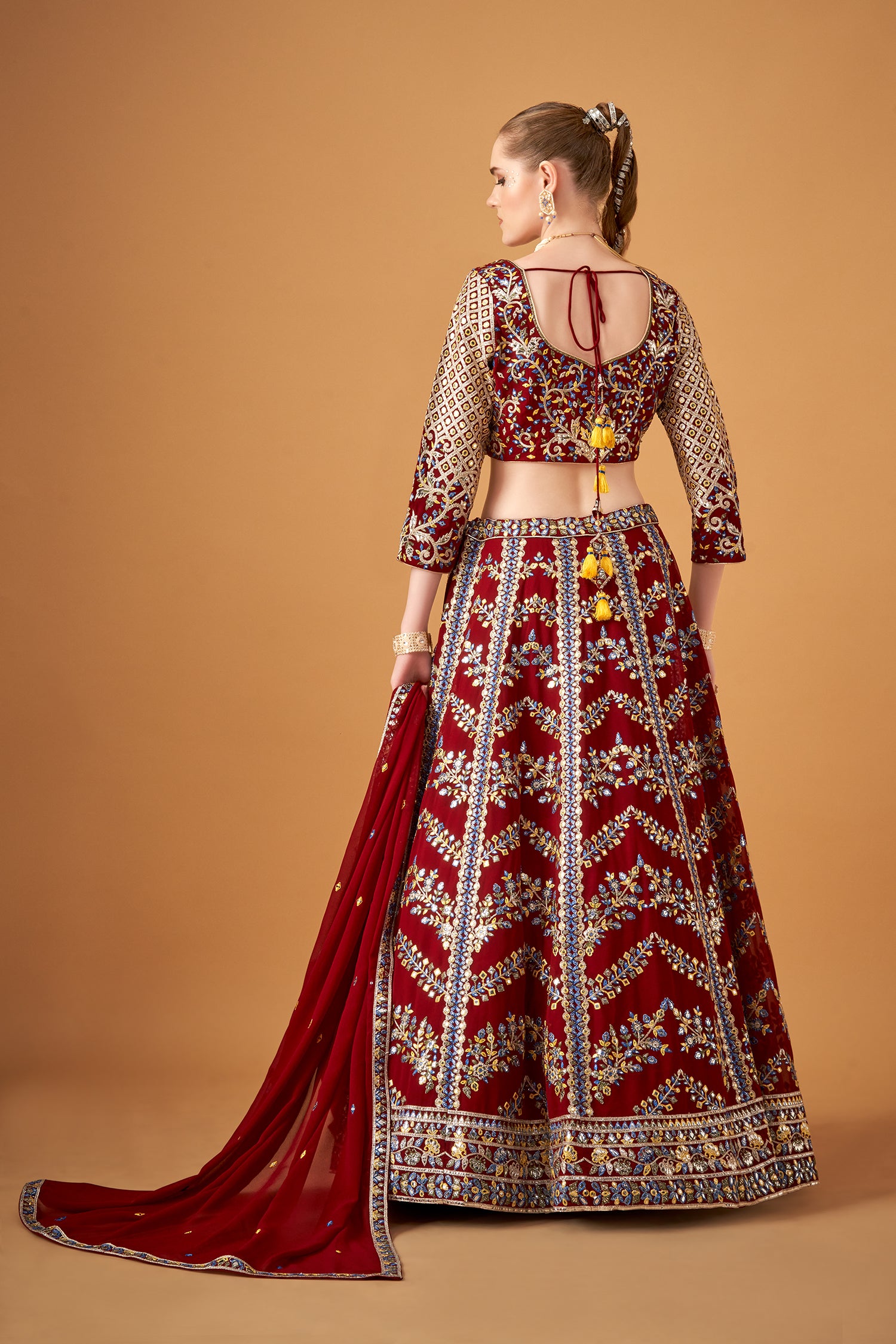 Red Georgette Embroidered Lehenga Set With Silver Foil Embellishments