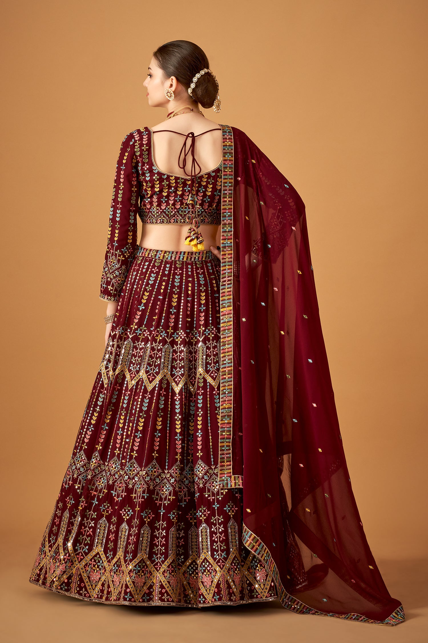 Maroon Georgette Embroidered Lehenga Set