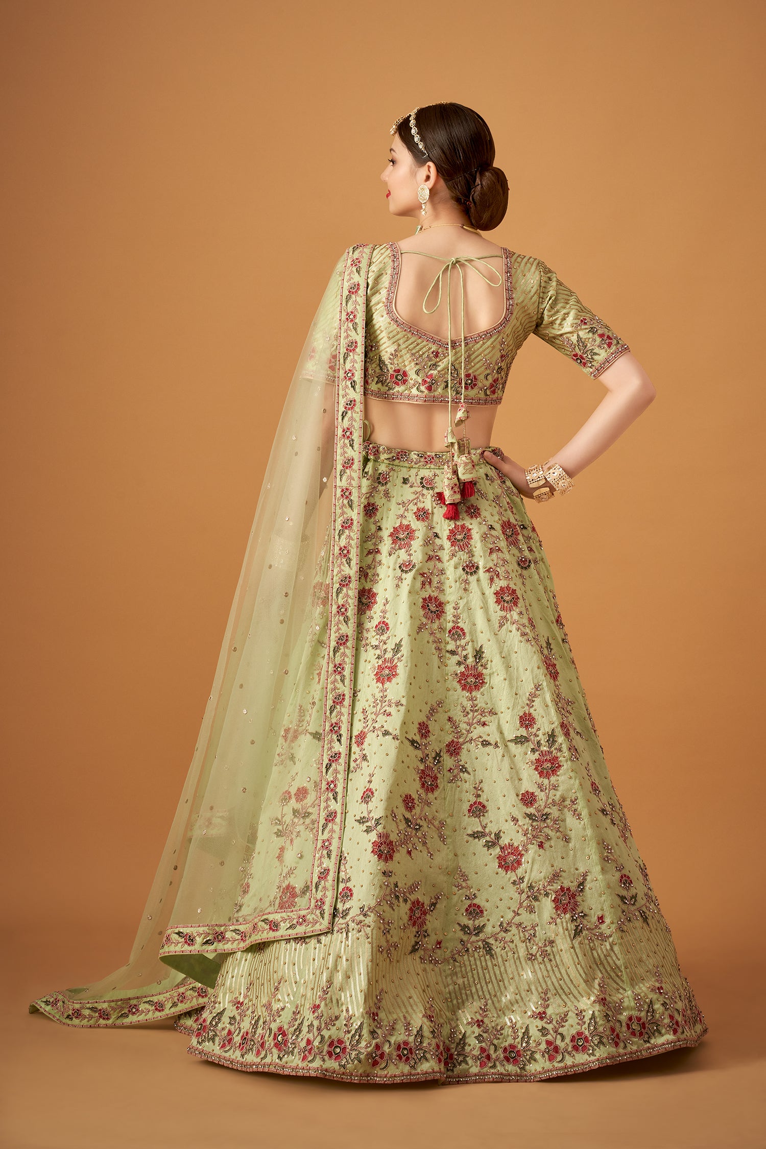 Pista Green Floral Embroidered Lehenga Set with Beadworks Embellishments