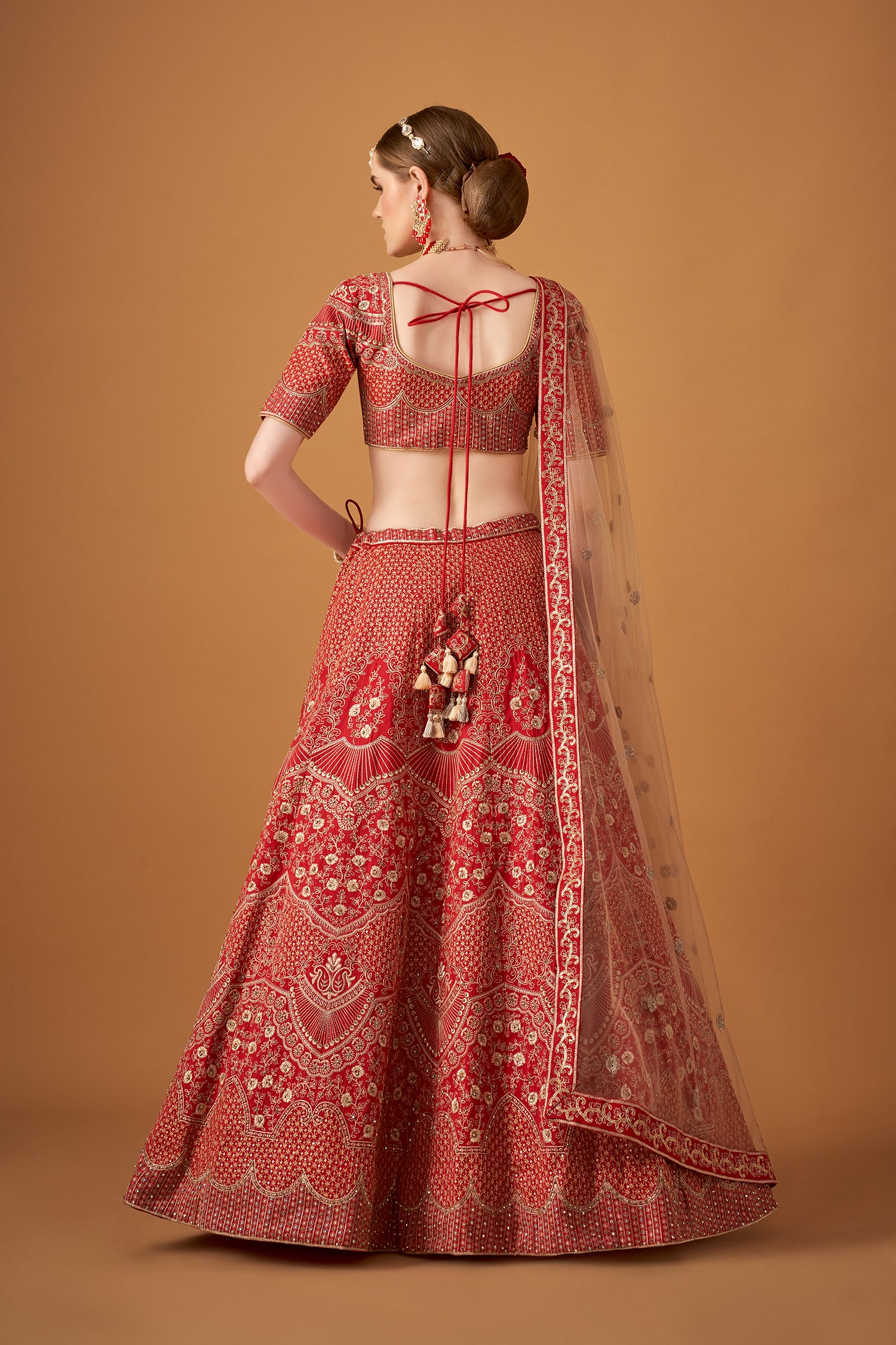 Cherry Red Lehenga with Golden Floral Embroidery